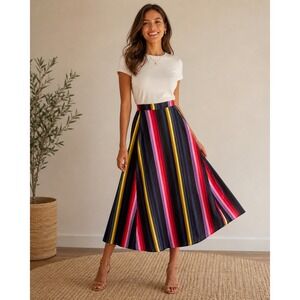 Flint & Moss Rainbow Striped Maxi Skirt High Waist Pockets Lined Boho Flare Sz M
